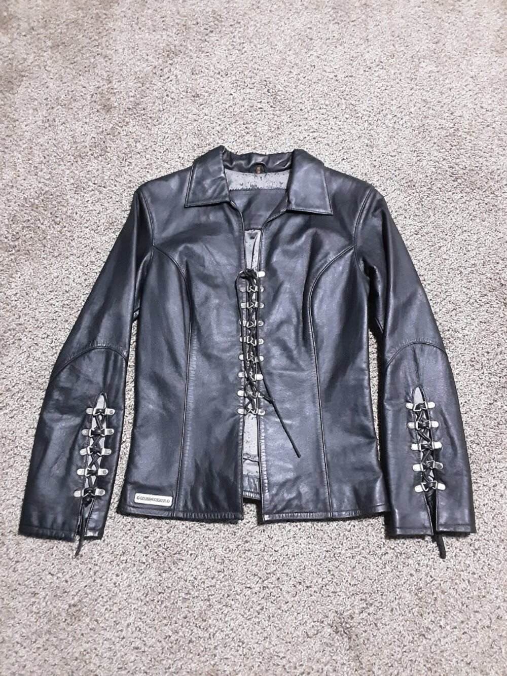 Harley Davidson Womens Small Black Leather Lace Up Motorcycle Jacket Y2K